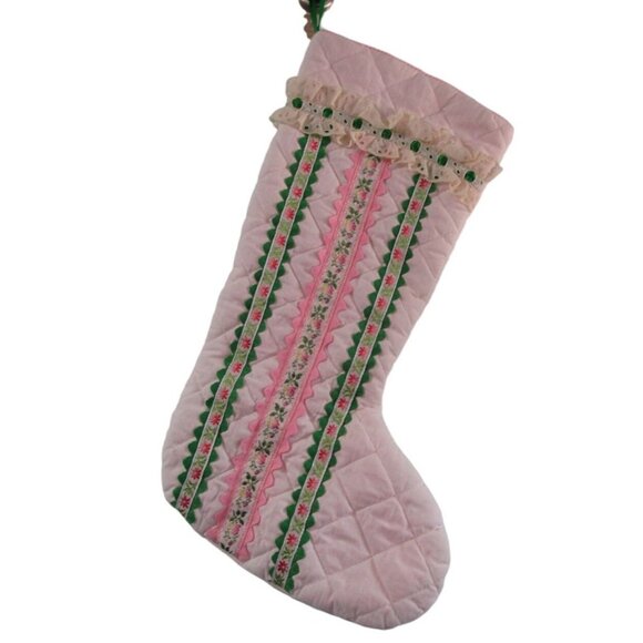 Vintage Quilted Christmas Stocking Lace Embroidered Ribbon RicRac Pink Green EUC - Picture 8 of 9